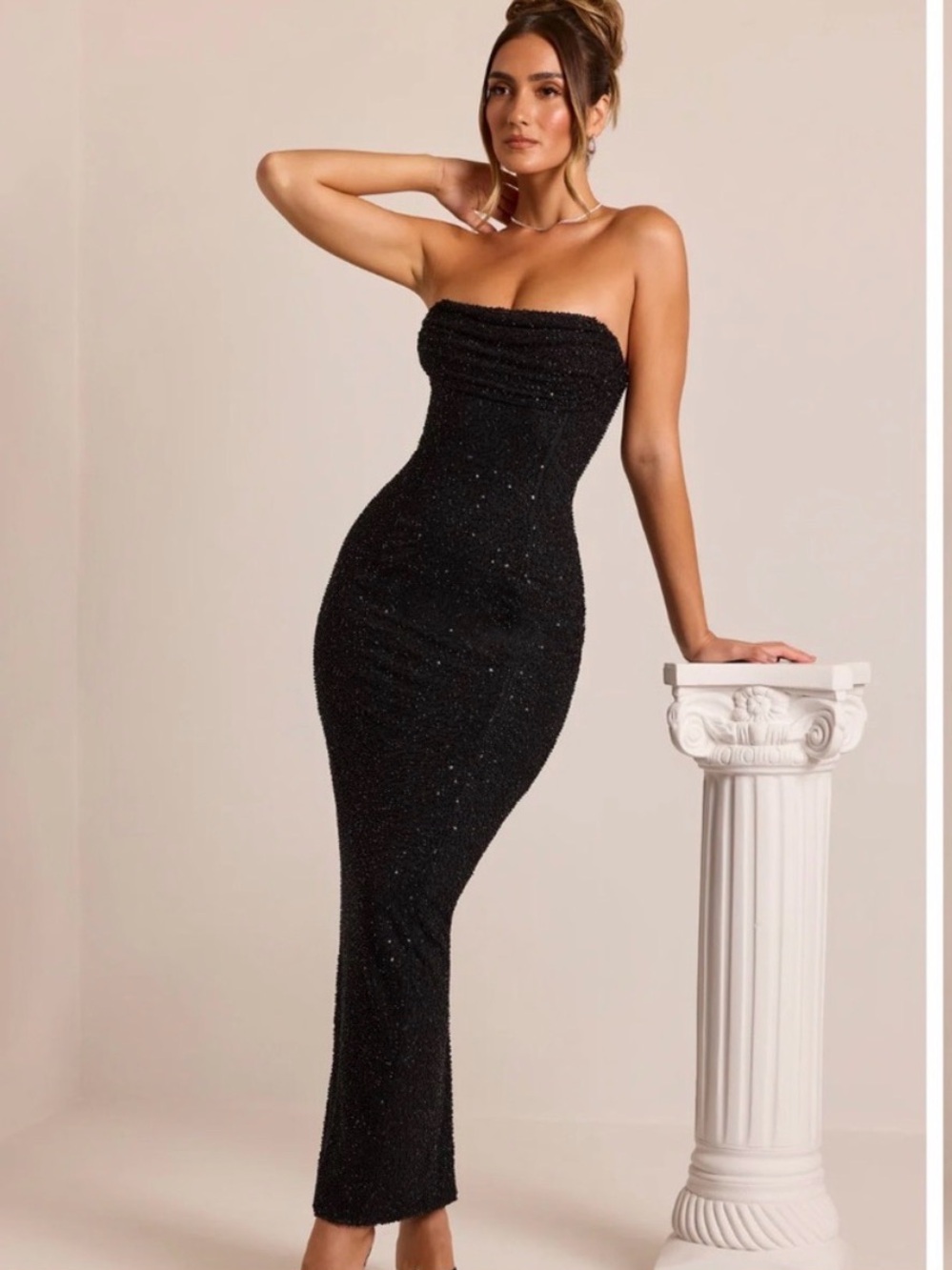 Oh Polly Black Strapless Sparkle Midi Gown